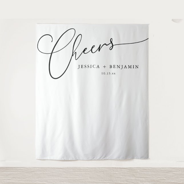 Cheers Black White Script Custom Wedding Backdrop (Front)
