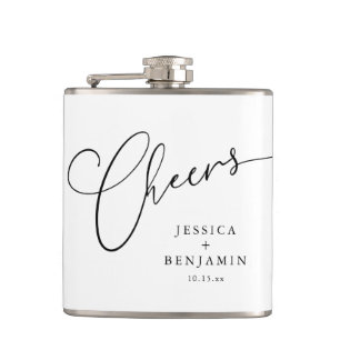 Cheers Black White Script Custom Wedding Favor Flask
