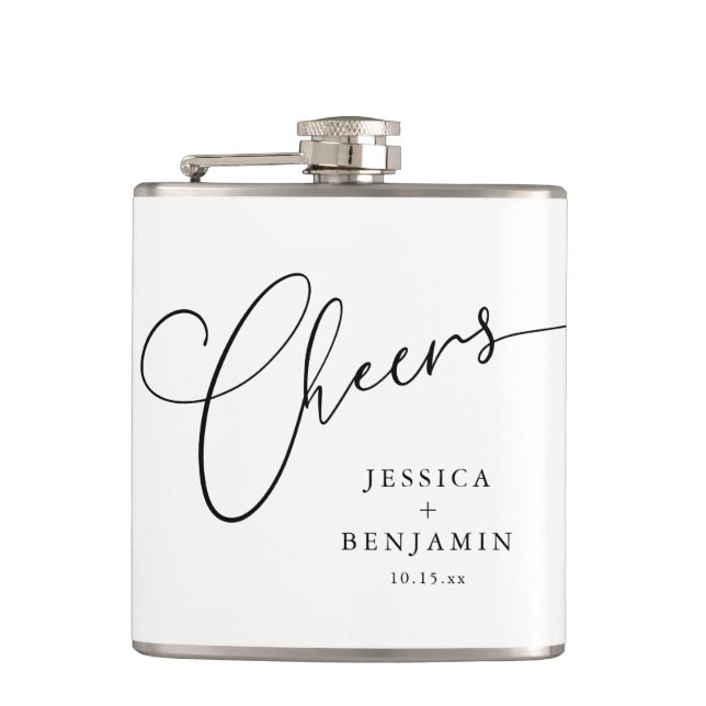 Cheers Black White Script Custom Wedding Favor Flask (Front)