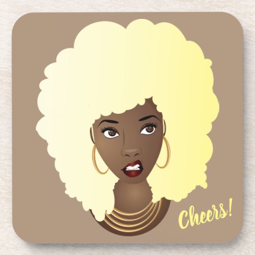 Cheers Black Woman Blonde Afro Annoyed  Beverage Coaster