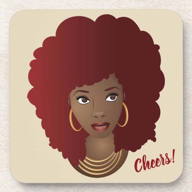 Cheers! Black Woman, Red Afro, Natural Hair Beverage Coaster (Front)