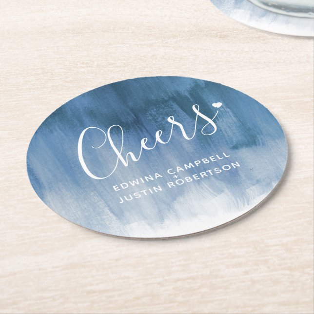 Cheers  blue gray modern art wash paper coasters (Angled)