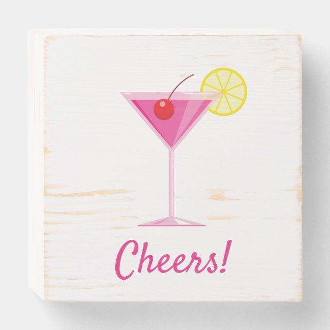 Cheers! Blue Pink Cocktail Wooden Box Sign (Front Horizontal)