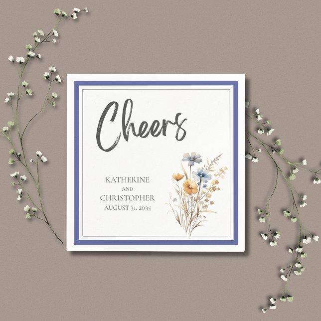 Cheers Blue Wildflowers Elegant Formal Wedding Napkins (Cheers Blue Wildflowers Elegant Formal Wedding Cocktail Napkin with blue, yellow, purple flowers.)