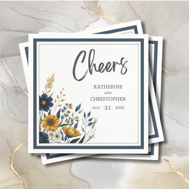 Cheers Blue Yellow Floral Elegant Wedding Napkins (Cheers Blue Gold Floral Wedding Cocktail Napkin with Couple Names, Wedding Date.)