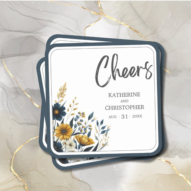 Cheers Blue Yellow Floral Wedding Square Paper Coaster (Blue Gold Floral Wedding Coaster with Couple Names and Wedding Date.)