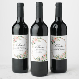 CHEERS blush pink floral wedding Wine Label