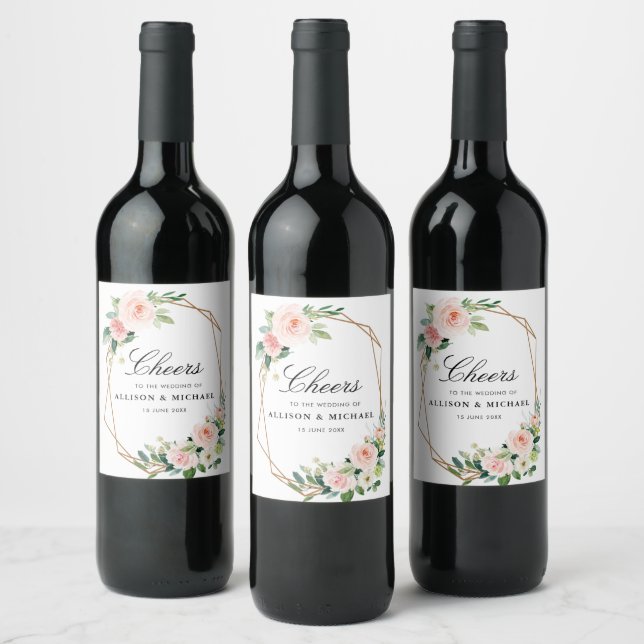 CHEERS | blush pink floral wedding Wine Label (Bottles)
