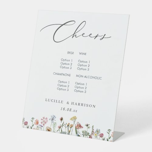 Cheers Boho Colorful Wild Flowers Wedding Bar Menu Pedestal Sign