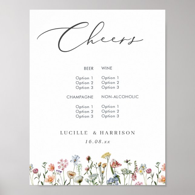 Cheers Boho Colorful Wild Flowers Wedding Bar Menu Poster (Front)