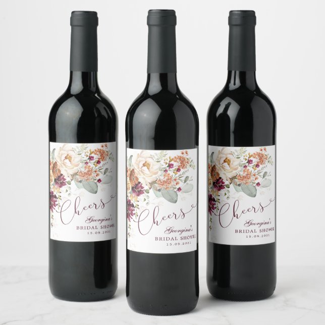 Cheers Boho Maroon Terracotta Bridal Shower Favors Wine Label (Bottles)
