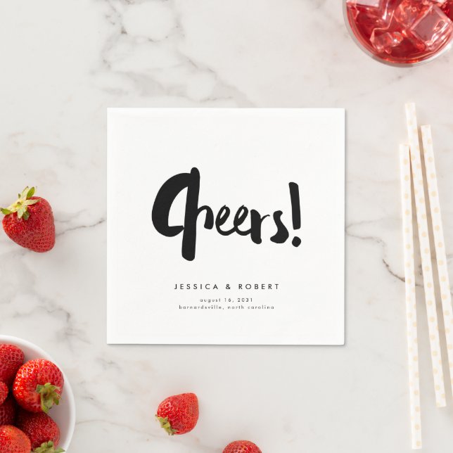 Cheers Bold Edgy Modern Black Brush Script Wedding Napkins (Insitu)