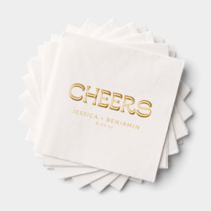 Cheers Bold Groovy Typography Names Wedding Gold Foil Napkins