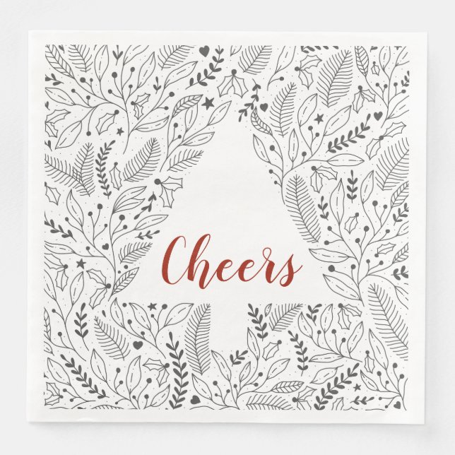 "Cheers" Botanical Line Art/Christmas Tree Paper Dinner Napkins (Front)