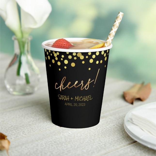 Cheers Bride and Groom Gold Black Wedding Paper Cups (Insitu)