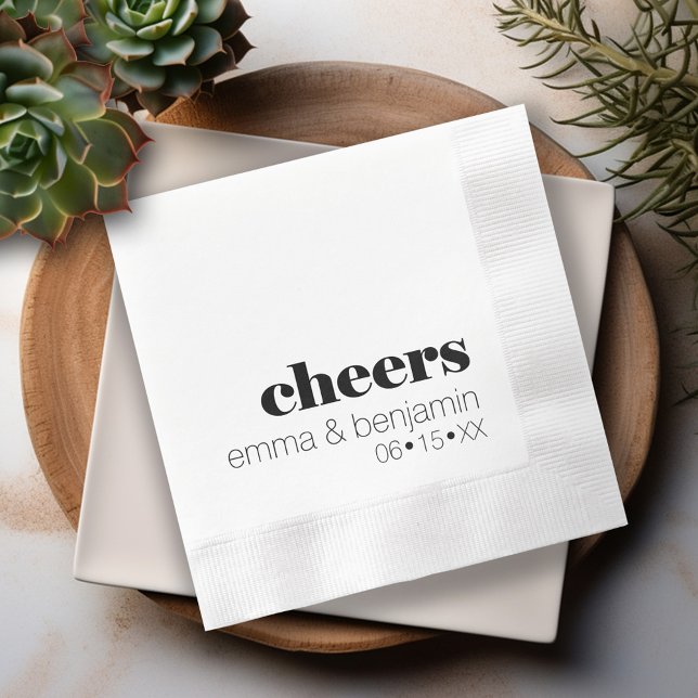 Cheers - Bride Groom Date - Modern Wedding Napkins (cheers - personalized wedding napkins - modern minimal black and white)