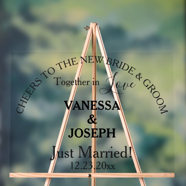Cheers Bride Groom Just Married Black Names Clear Acrylic Sign (Neutral)