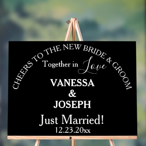 Cheers Bride Groom Just Married Black White Names Acrylic Sign