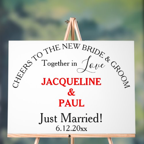 Cheers Bride Groom Just Married Red Names Acrylic Sign