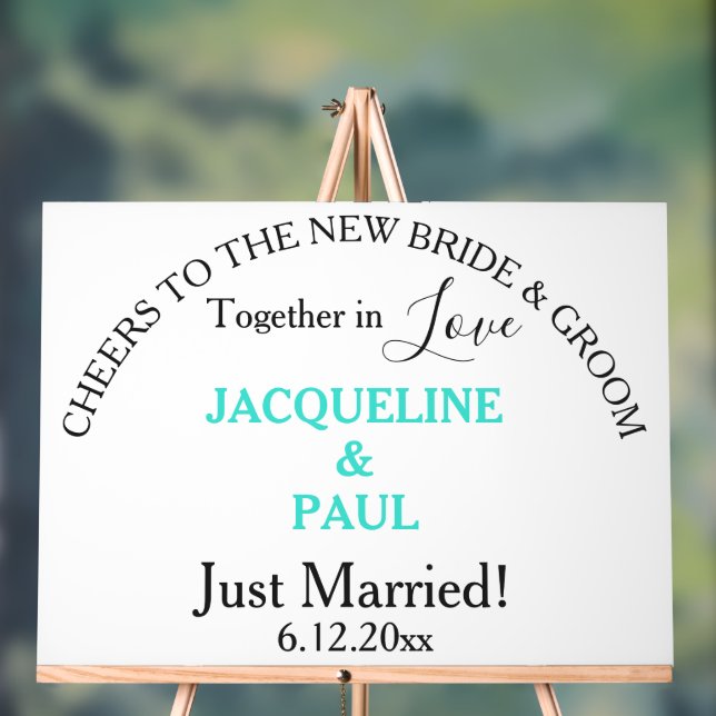 Cheers Bride Groom Just Married Turquoise Names Acrylic Sign (Neutral)