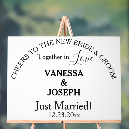 Cheers Bride Groom Just Married White Black Names Acrylic Sign