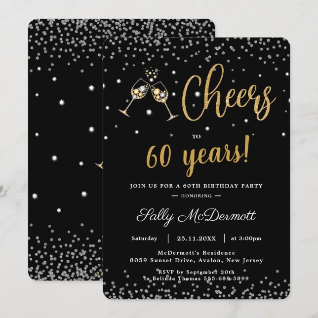 Cheers Bubbly Birthday Party Silver Gold ANY AGE Invitation (Front/Back)