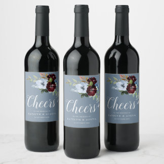 CHEERS | burgundy dusty blue floral wedding Wine Label