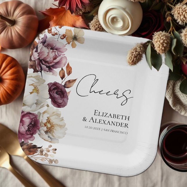 Cheers | Burgundy Floral  Autumn Wedding Paper Plates (Creator Uploaded)