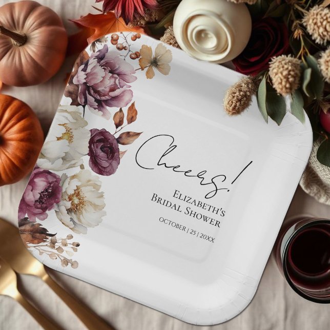 Cheers Burgundy Floral Fall Bridal Shower Paper Plates (Creator Uploaded)