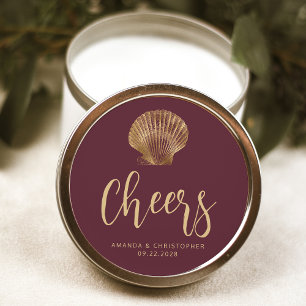 Cheers Burgundy Gold Coastal Beach Wedding Classic Round Sticker