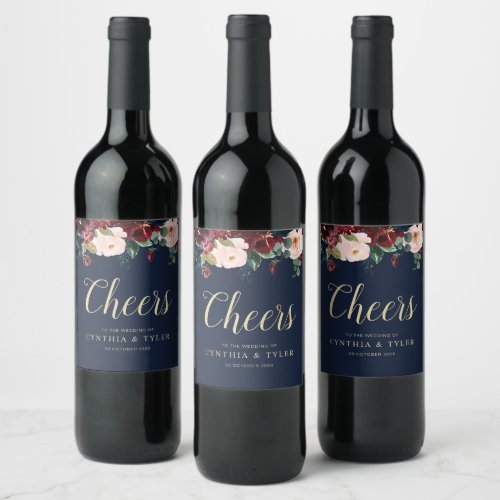 CHEERS  burgundy  navy blue floral wedding Wine Label