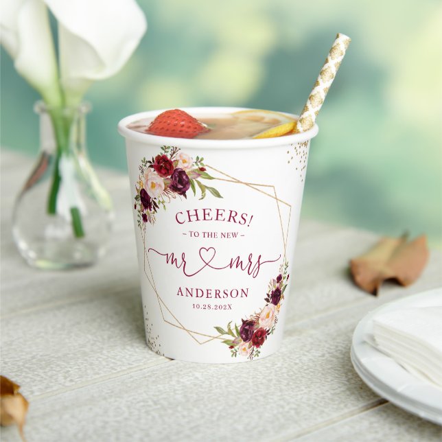 Cheers Burgundy Red Floral Gold Geometric Wedding Paper Cups (Insitu)