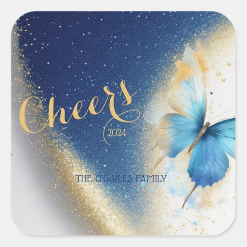 Cheers Butterfly glitter New Year  Square Sticker