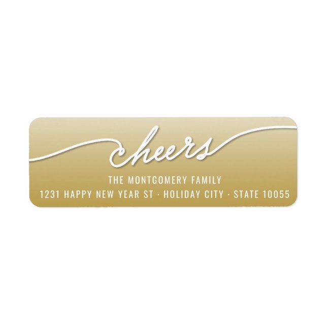 Cheers Calligraphy Gold Ombre Holiday Address Label (Front)