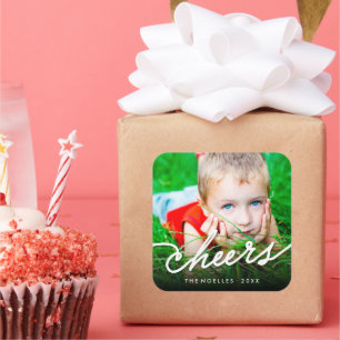 Cheers Calligraphy Script Modern Photo Holiday Square Sticker