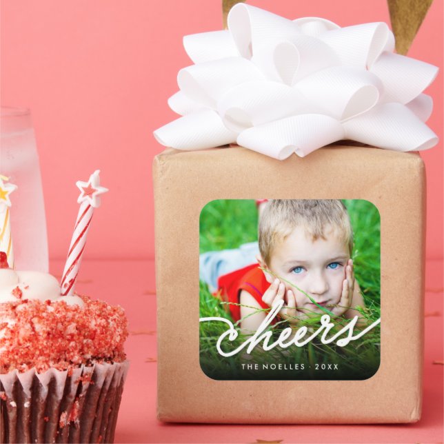 Cheers Calligraphy Script Modern Photo Holiday Square Sticker (Party)