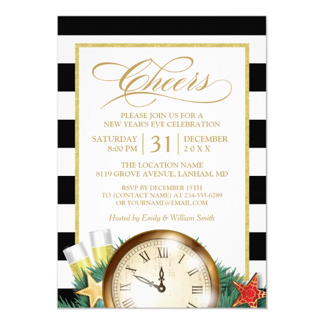 Cheers Champagne Clock Stripes New Years Eve Party Invitation