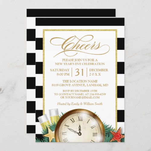 Cheers Champagne Clock Stripes New Years Eve Party Invitation