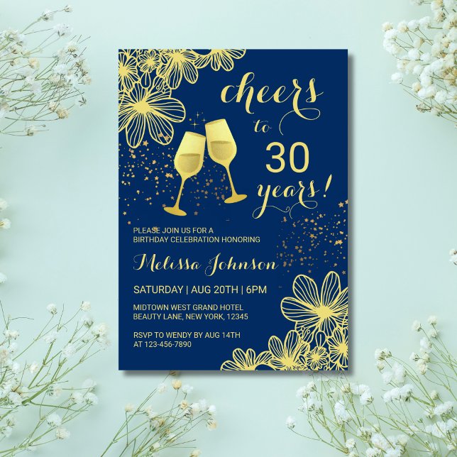 Cheers Champagne Floral Gold Navy Blue  Birthday Invitation (Creator Uploaded)