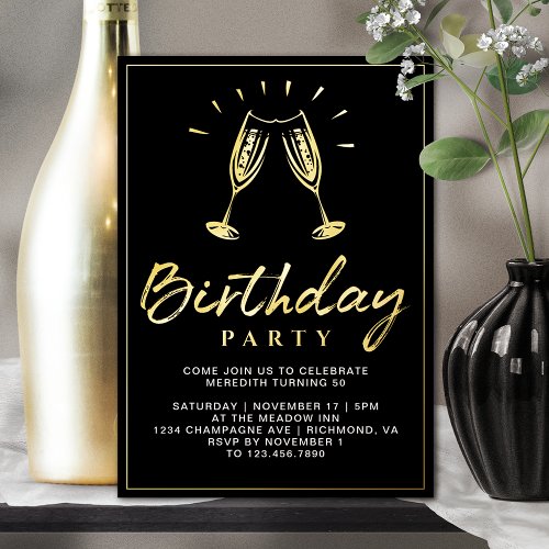 Cheers Champagne Fun Glam Black and Gold Birthday Foil Invitation