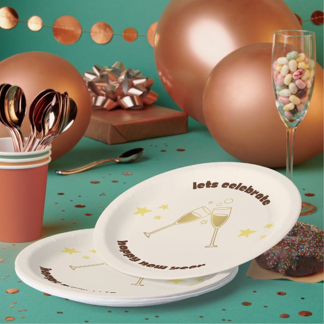 Cheers champagne glasses New Years message Paper Plates (Multi)
