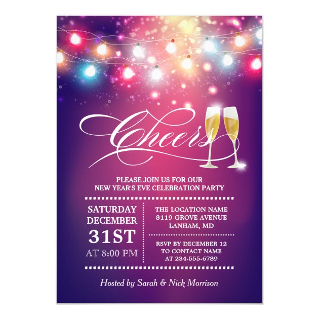 Cheers Champagne String Lights New Years Eve Party Invitation