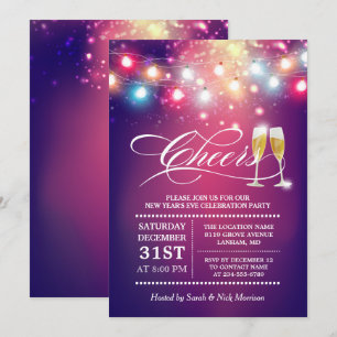 Cheers Champagne String Lights New Years Eve Party Invitation