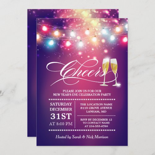 Cheers Champagne String Lights New Years Eve Party Invitation