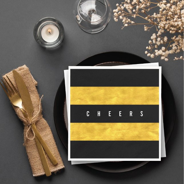 Cheers Chic Gold Foil Black Stripes Holiday Party Napkins (Cheers Chic Gold Foil Black Stripes Holiday Party Paper Napkins @ fat_fa_tin)
