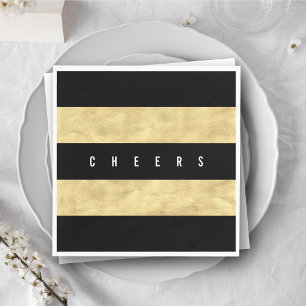 Cheers Chic Gold Foil Black Stripes Holiday Party Paper Napkins