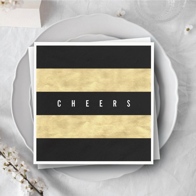 Cheers Chic Gold Foil Black Stripes Holiday Party Paper Napkins (Cheers Chic Gold Foil Black Stripes Holiday Party Paper Napkins @ fat_fa_tin)