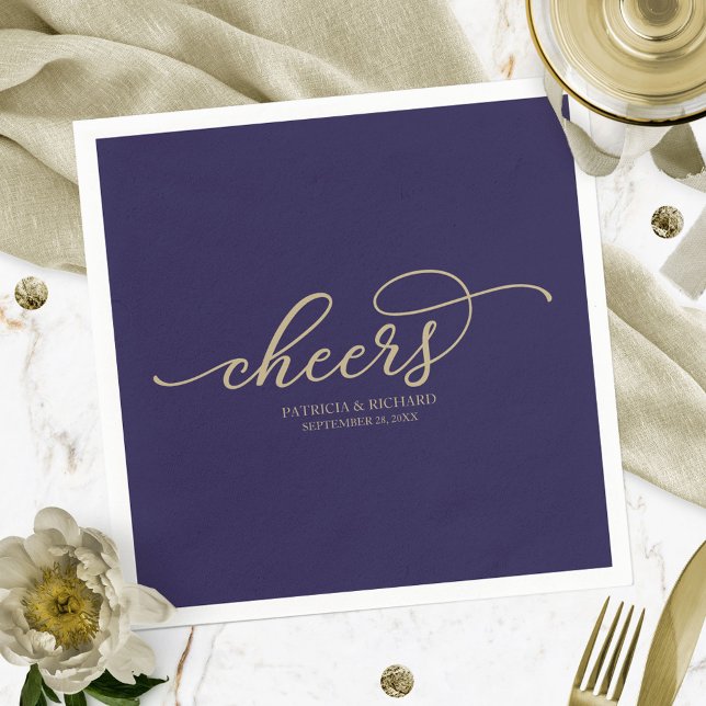 Cheers - Chic Gold Script Navy Blue Wedding  Napkins (Creator Uploaded)