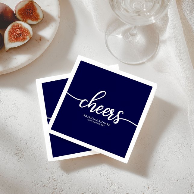 Cheers - Chic Navy Blue Calligraphy Wedding Napkins (Creator Uploaded)