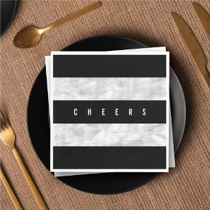 Cheers Chic Silver Foil Black Stripe Holiday Party Paper Napkins